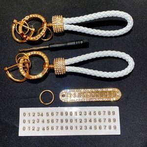2 White Leather Keychains, Screwdriver & Plate for numbers w/ ring & Rhinestones